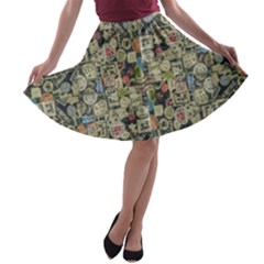 Sticker Collage Motif Pattern Black Backgrond A-line Skater Skirt