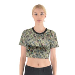 Sticker Collage Motif Pattern Black Backgrond Cotton Crop Top by dflcprintsclothing