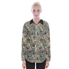 Sticker Collage Motif Pattern Black Backgrond Womens Long Sleeve Shirt