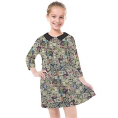 Sticker Collage Motif Pattern Black Backgrond Kids  Quarter Sleeve Shirt Dress by dflcprintsclothing