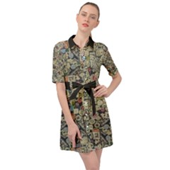 Sticker Collage Motif Pattern Black Backgrond Belted Shirt Dress