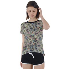 Sticker Collage Motif Pattern Black Backgrond Short Sleeve Open Back T-shirt