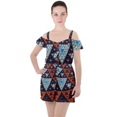 Fractal Triangle Geometric Abstract Pattern Ruffle Cut Out Chiffon Playsuit