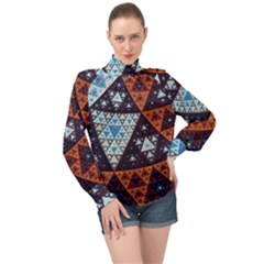 Fractal Triangle Geometric Abstract Pattern High Neck Long Sleeve Chiffon Top