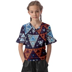 Fractal Triangle Geometric Abstract Pattern Kids  V-neck Horn Sleeve Blouse