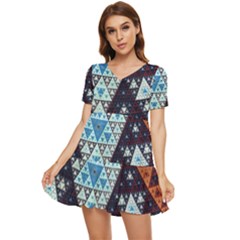 Fractal Triangle Geometric Abstract Pattern Tiered Short Sleeve Babydoll Dress