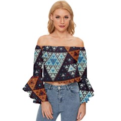 Fractal Triangle Geometric Abstract Pattern Off Shoulder Flutter Bell Sleeve Top