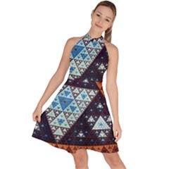 Fractal Triangle Geometric Abstract Pattern Sleeveless Halter Neck A-line Dress