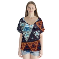 Fractal Triangle Geometric Abstract Pattern V-neck Flutter Sleeve Top