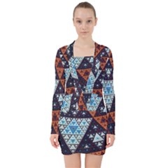 Fractal Triangle Geometric Abstract Pattern V-neck Bodycon Long Sleeve Dress