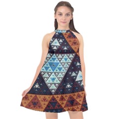 Fractal Triangle Geometric Abstract Pattern Halter Neckline Chiffon Dress 