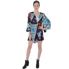 Fractal Triangle Geometric Abstract Pattern V-neck Flare Sleeve Mini Dress