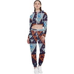Fractal Triangle Geometric Abstract Pattern Cropped Zip Up Lounge Set