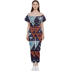 Fractal Triangle Geometric Abstract Pattern Bardot Ruffle Jumpsuit