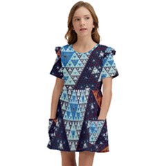 Fractal Triangle Geometric Abstract Pattern Kids  Frilly Sleeves Pocket Dress