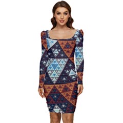 Fractal Triangle Geometric Abstract Pattern Women Long Sleeve Ruched Stretch Jersey Dress