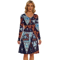 Fractal Triangle Geometric Abstract Pattern Long Sleeve Dress With Pocket
