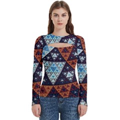 Fractal Triangle Geometric Abstract Pattern Women s Cut Out Long Sleeve T-shirt by Cemarart