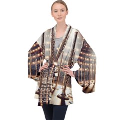 Standing Flutes Long Sleeve Velvet Kimono  by RiverRootsReggae