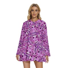 Kawaii Cyborg Cats Motif Random Pattern Round Neck Long Sleeve Bohemian Style Chiffon Mini Dress