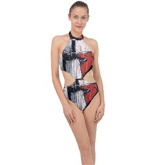 Abstract  Halter Side Cut Swimsuit