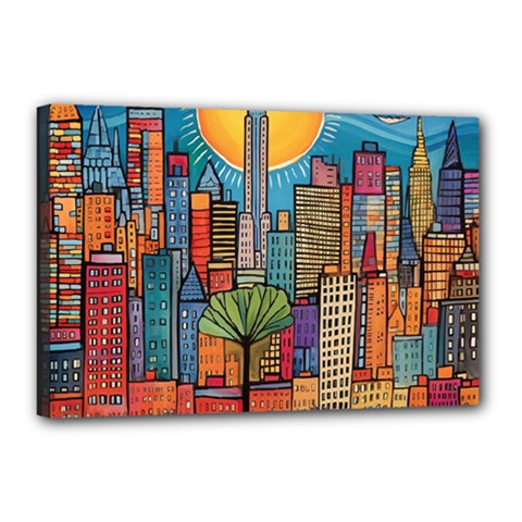 City New York Nyc Skyscraper Skyline Downtown Night Business Urban Travel Landmark Building Architec Canvas 18  X 12  (stretched)