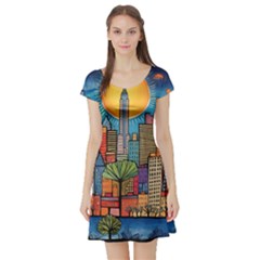 City New York Nyc Skyscraper Skyline Downtown Night Business Urban Travel Landmark Building Architec Short Sleeve Skater Dress