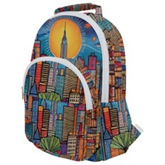 City New York Nyc Skyscraper Skyline Downtown Night Business Urban Travel Landmark Building Architec Rounded Multi Pocket Backpack by Posterlux
