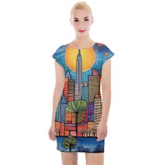 City New York Nyc Skyscraper Skyline Downtown Night Business Urban Travel Landmark Building Architec Cap Sleeve Bodycon Dress