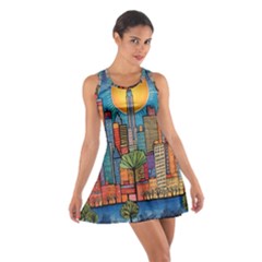 City New York Nyc Skyscraper Skyline Downtown Night Business Urban Travel Landmark Building Architec Cotton Racerback Dress