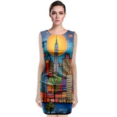 City New York Nyc Skyscraper Skyline Downtown Night Business Urban Travel Landmark Building Architec Classic Sleeveless Midi Dress by Posterlux