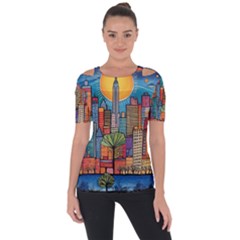 City New York Nyc Skyscraper Skyline Downtown Night Business Urban Travel Landmark Building Architec Shoulder Cut Out Short Sleeve Top