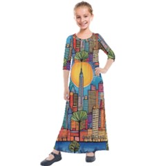 City New York Nyc Skyscraper Skyline Downtown Night Business Urban Travel Landmark Building Architec Kids  Quarter Sleeve Maxi Dress by Posterlux