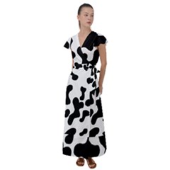 Cow Pattern Flutter Sleeve Maxi Dress