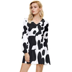 Cow Pattern Tiered Long Sleeve Mini Dress