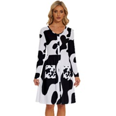 Cow Pattern Long Sleeve Dress With Pocket