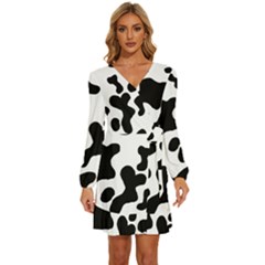 Cow Pattern Long Sleeve Waist Tie Ruffle Velvet Dress