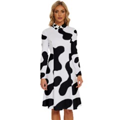 Cow Pattern Long Sleeve Shirt Collar A-line Dress