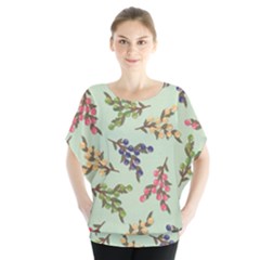 Berries Flowers Pattern Print Batwing Chiffon Blouse