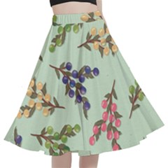 Berries Flowers Pattern Print A-line Full Circle Midi Skirt With Pocket