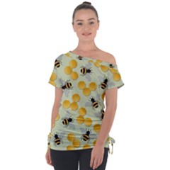 Bees Pattern Honey Bee Bug Honeycomb Honey Beehive Off Shoulder Tie-up T-shirt