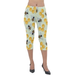 Bees Pattern Honey Bee Bug Honeycomb Honey Beehive Lightweight Velour Capri Leggings  by Bedest