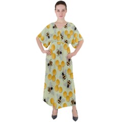 Bees Pattern Honey Bee Bug Honeycomb Honey Beehive V-neck Boho Style Maxi Dress