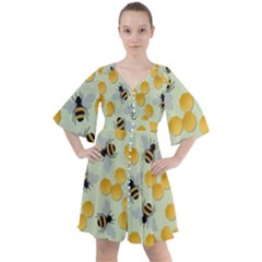 Bees Pattern Honey Bee Bug Honeycomb Honey Beehive Boho Button Up Dress