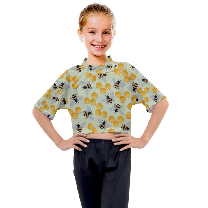 Bees Pattern Honey Bee Bug Honeycomb Honey Beehive Kids Mock Neck T-Shirt