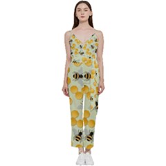 Bees Pattern Honey Bee Bug Honeycomb Honey Beehive V-neck Camisole Jumpsuit