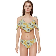 Bees Pattern Honey Bee Bug Honeycomb Honey Beehive Ruffle Edge Tie Up Bikini Set	