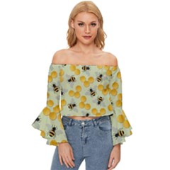 Bees Pattern Honey Bee Bug Honeycomb Honey Beehive Off Shoulder Flutter Bell Sleeve Top