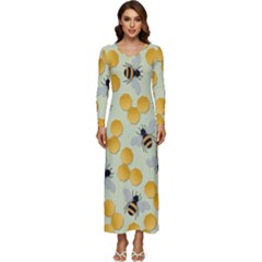 Bees Pattern Honey Bee Bug Honeycomb Honey Beehive Long Sleeve Longline Maxi Dress