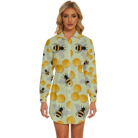 Bees Pattern Honey Bee Bug Honeycomb Honey Beehive Womens Long Sleeve Shirt Dress by Bedest